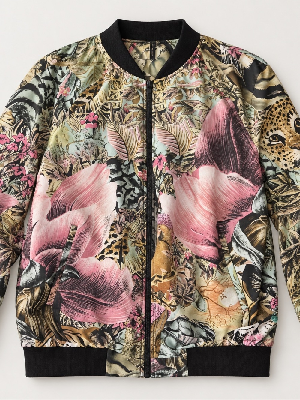 Scotch & Soda Pink Tiger Cheetah Floral Bomber Jacket with Black Trim